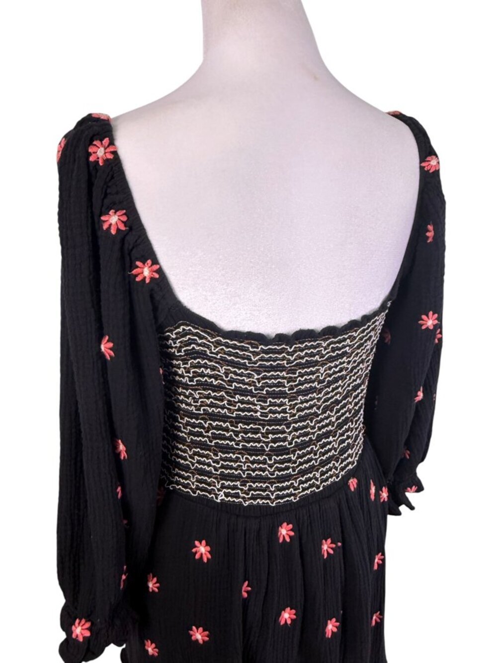 Boutique Style Black Smocked Midi Dress Pink Embroidered Floral Cottagecore M - Picture 7 of 14